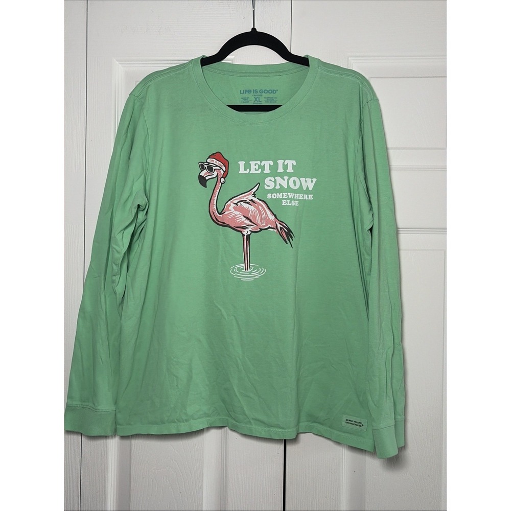Life is Good Crusher Flamingo Womens Green Christmas Cotton Size XL Coastal